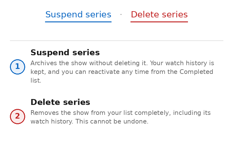 The two links at the bottom of a show's detail screen: Suspend series and Delete series, each explained